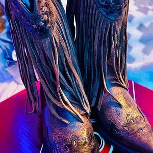 LIKE NEW! DINGO COWBOY BOOTS, DARK BROWN WITH FRINGE, LEATHER, SIZE 7.5